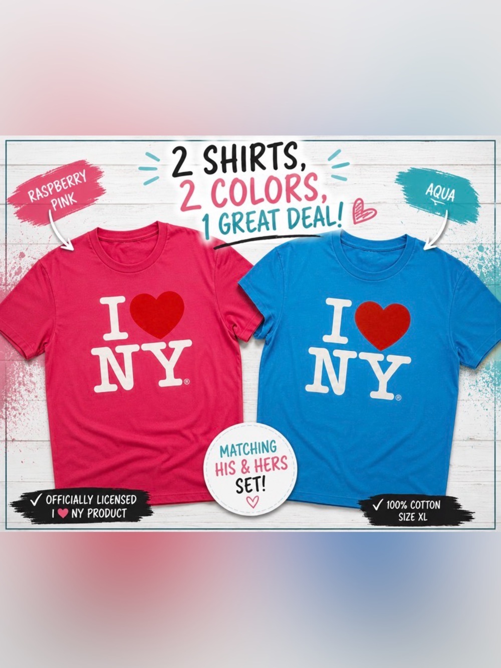 Official I Love NY T-Shirt Bundle XL | Pink & Aqua NYC Graphic Tees | 2 for 1